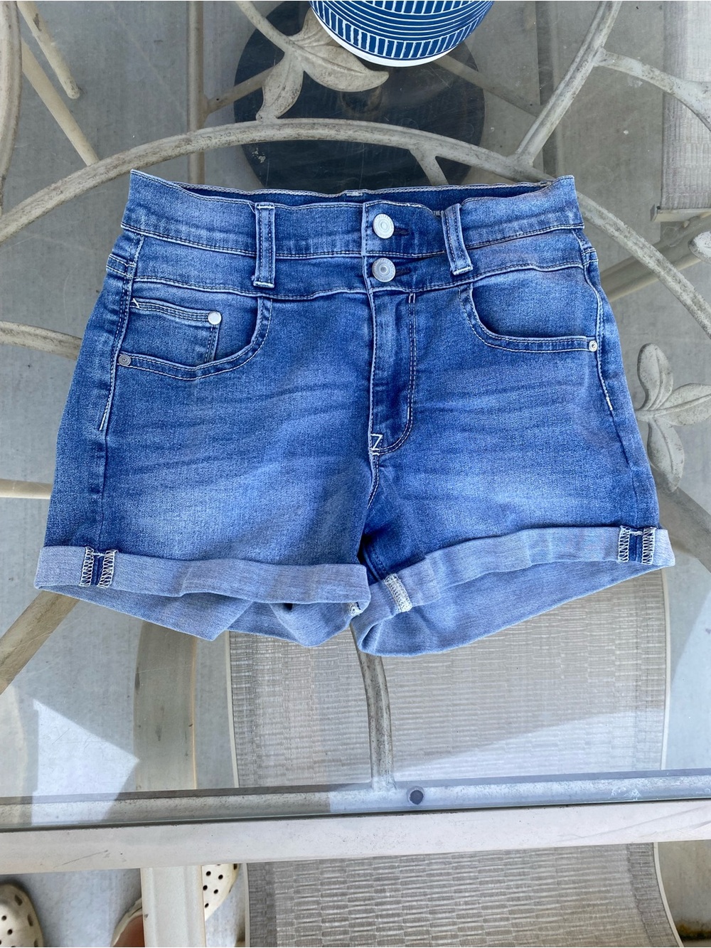 Wallflower Double-Button Blue Denim Roll-Cuff Shorts